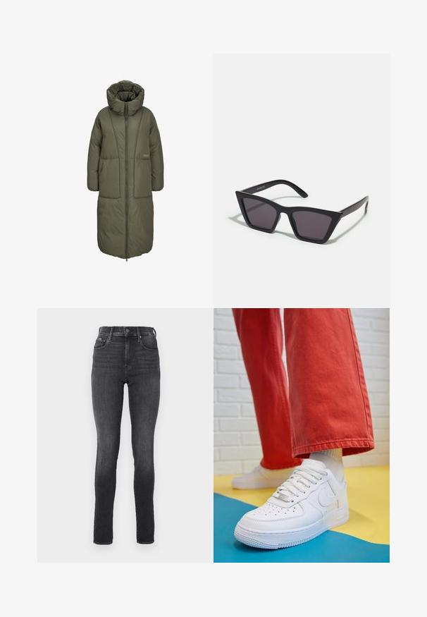 Olivově zelený dlouhý zateplený kabát s vysokým límcem, předním zipem a dvěma velkými předními kapsami. Hladká, odolná tkanina s prošívanou strukturou.; Dlouhé černé tričko z měkké látky, s širokým výstřihem a mírně volným střihem, bez viditelných vzorů nebo kovových detailů.; Džiny s vysokým pasem v tmavě šedém denimovém materiálu, hladká textura, s předními kapsami a kovovým knoflíkem na zapínání v pase.; Bílé kožené tenisky s perforovanou špičkou, texturovanou podešví a bílými tkaničkami, v kombinaci s širokými červenými kalhotami a modro-žlutým pozadím.; Černé, ostré sluneční brýle s šedými skly; vyrobené z plastu, s mohutnými rameny a hladkým povrchem bez viditelného hardwaru.