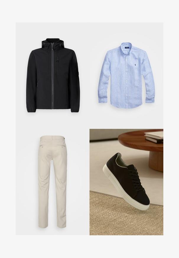 Giacca softshell nera con colletto alto, zip frontale, due tasche laterali e una tasca sul petto. Presenta un cappuccio regolabile e polsini elastici.; Camicia a maniche lunghe a righe bianche e blu in cotone, con colletto button-down, bottoni frontali e un piccolo logo ricamato sul petto.; Pantaloni beige con una texture liscia, taglio dritto, due tasche posteriori con bottoni e vita standard.; Sneaker nero con suola bianca che flotta sopra un tappeto beige testurizzato vicino a un tavolo rotondo in legno con libri impilati.