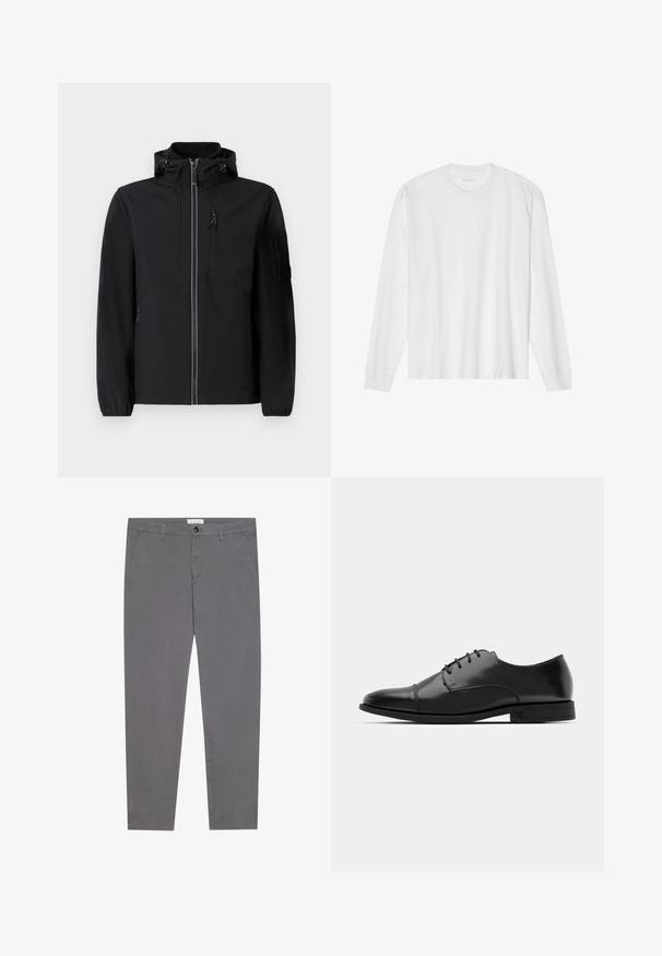 Juodas minkštas platesnis švarkas su aukštu apykakle, priekinėmis užtrauktukais, dviem šoninėmis kišenėmis ir krūtinės kišene. Yra reguliuojama kapuca ir elastingos rankovės.; Ilgos rankovės baltas medvilnės marškinėliai su apvaliu kaklu ir raukšlėtomis rankovėmis. Paprastas, be puošmenų dizainas, turintis lygią tekstūrą ir standartinę prigludimą.; Pilki medvilniniai kelnes su slim fit kirpimu, turinčios du priekinius kišenes, vieną nugarinę kišenę ir sagos uždarymą juosmens srityje.; Juodas odinis džinsinis batų modelis su apvaliu galiuku, raišteliu ir subtiliomis siūlėmis, taip pat žemu kulnu. Lygus pavirčius su blizgiu apdaila.