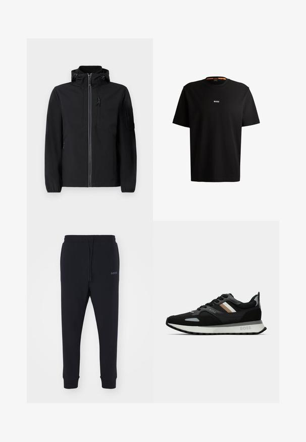Čierna softshellová bunda s vysokým golierom, predným zipsom, dvoma bočnými vreckami a jedným vreckom na hrudi. Obsahuje nastaviteľnú kapucňu a elastické manžety.; Čierne bavlnené tričko s okrúhlym výstrihom, krátkymi rukávmi a bielym logom "BOSS" umiestneným na hrudi. Hladká textúra, voľný strih.; Čierne tepláky vyrobené z mäkkého materiálu s elastickým pásom, šnúrkou na stiahnutie a zúženými nohavicami. Obsahujú malé logo na boku.; Čierna bežecká obuv s textúrovaným povrchom, svetlošedými akcentmi a tromi horizontálnymi pruhmi v hnedej farbe. Obsahuje bielu polstrovanú podrážku.
