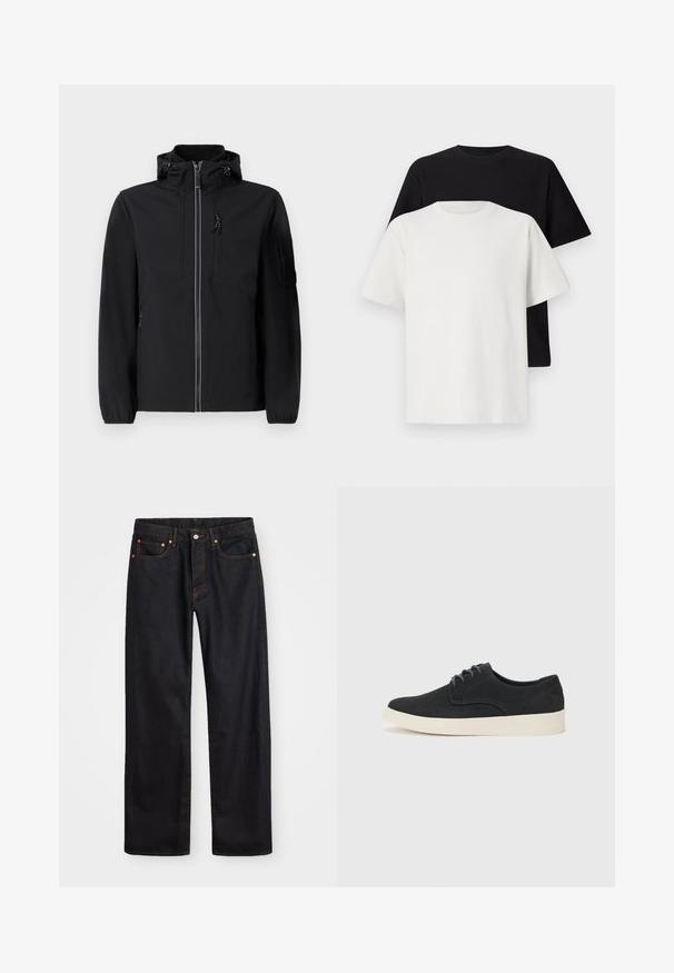 Black softshell jacket with a high collar, front zipper, two side pockets, and a chest pocket. Features adjustable hood and elastic cuffs.; Cotton t-shirt set featuring a black top and a white top, both with short sleeves, round neckline, and standard fit. Textured fabric.; Men’s straight-leg black denim jeans with five pockets and orange stitching, button and zip closure on front waistband.; Black suede lace-up shoe with a rounded toe, lightweight cream sole, and subtle blue stitching accents on the upper.