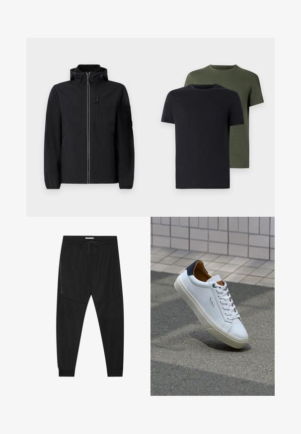 Musta pehmeä kuorijakku, jossa on korkea kaulus, etuvetoketju, kaksi sivutaskua ja rintatasku. Varustettu säädettävällä hupulla ja joustavilla hihansuilla.; Kaksi miehen kaula-aukolla varustettua t-paitaa mustana ja oliivinvihreänä, valmistettu pehmeästä puuvillakankaasta. Suunnittelu on yksinkertainen, lyhyet hihat ja suora leikkaus.; Mustat urheiluhousut, jotka on valmistettu teksturoidusta kankaasta. Housuissa on säädettävä vyötärö, vetoketjullinen sivutasku ja kapenevat hihnat.; Valkoinen nahkakenkä, jossa on tummansininen kantapää, pyöreä kärki ja ristikkäiset ruskeat korostukset. Varustettu tasapaksuilla nauhoilla ja teksturoidulla kumipohjalla.