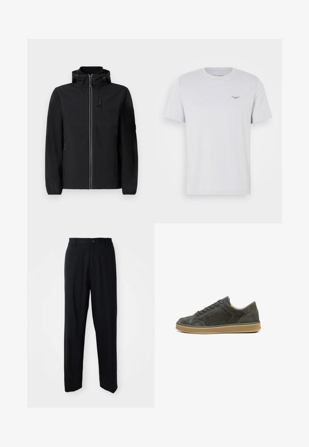 Schwarze Softshell-Jacke mit hohem Kragen, Frontreißverschluss, zwei Seitentaschen und einer Brusttasche. Verfügt über eine verstellbare Kapuze und elastische Bündchen.; Weißes Baumwoll-T-Shirt mit Rundhalsausschnitt, kurzen Ärmeln und kleinem schwarzem Logo auf der linken Brust. Glatte Textur und normale Passform.; Schwarze gerade geschnittene Hosen mit Gürtelschlaufen, Knopfschluss und einem eleganten, minimalistischen Design auf einem neutralen Hintergrund.; Dunkelgraue Wildledersneaker mit runder Zehenpartie, vorderer Schnürung und kontrastierend heller Gummisohle. Verfügt über minimale Nähte und eine glatte Textur.