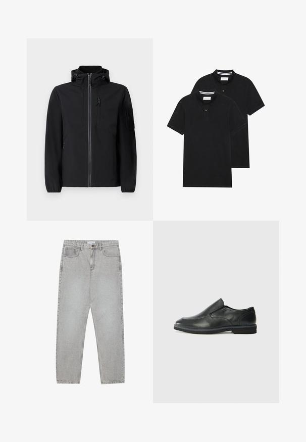 Črna softshell jakna z visokim ovratnikom, sprednjim zadrgo, dvema stranskima žepoma in žepom na prsih. Ima prilagodljivo kapuco in elastične manšete.; Dve črne polo majice, kratke rokave, iz bombažnega materiala, z klasik ovratnikom, dvobodno zaponko in belimi črtkami znotraj ovratnika.; Svetlo sivi traper hlače s ravnim krojem, pet žepov in gumbom za zapiranje. Vidno šivanje ob šivih.; Črne usnjene natikače z gladkim zgornjim delom, prišitimi detajli, zaobljenim nosom in nizkim gumijastim petkom. Podplat ima minimalen profil.