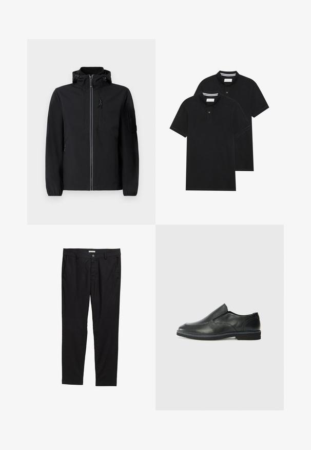 Black softshell jacket with a high collar, front zipper, two side pockets, and a chest pocket. Features adjustable hood and elastic cuffs.; Two black polo shirts, short-sleeved, cotton material, featuring a classic collar, two-button placket, and white striped accents inside the collar.; Black pants made from a smooth fabric, featuring a button closure, two front pockets, and a tailored fit.; Black leather slip-on shoe with a smooth upper, stitched accents, rounded toe, and a low rubber heel. Sole features minimal tread.