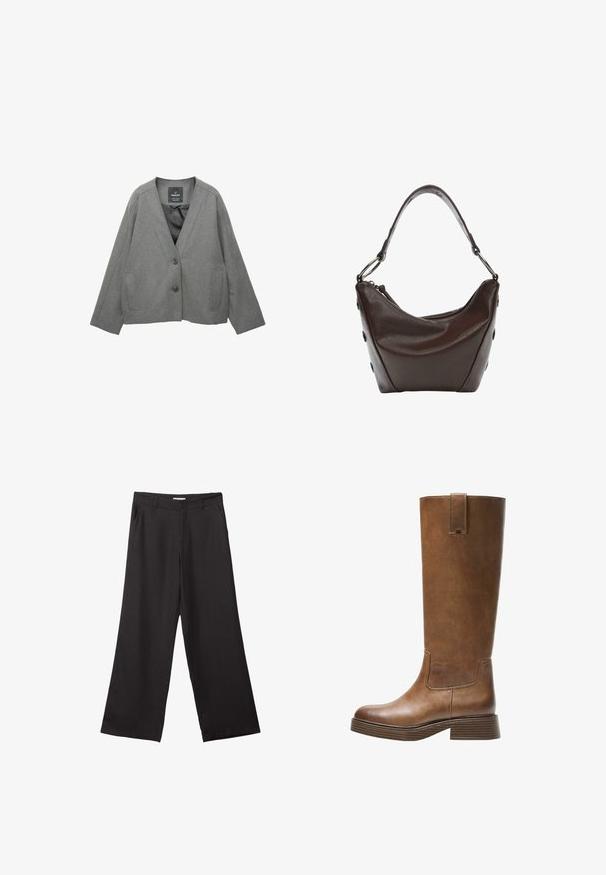 Šedý blazer, vyrobený z texturované tkaniny, s výstřihem do V, dvěma předními kapsami a zapínáním na knoflík. Podšívka.; Bílý svetr s dlouhými rukávy, kulatým výstřihem a žebrovanou texturou. Zkrácený design dodává moderní vzhled.; Černé široké kalhoty vyrobené z hladké tkaniny, s předním zipem a dvěma bočními kapsami, s dobře padnoucím střihem a minimalistickým designem.; Hnědé kožené vysoké boty na kolena s kulatou špičkou, texturovaným povrchem a nízkým patem s podstavcem. Obsahují boční panel a poutko na horní části.; Tmavě hnědá kožená kabelka s oblým tvarem, na zip a s krátkým uchopovacím držadlem. Obsahuje kovové detaily a dekorativní černé knoflíky po stranách.
