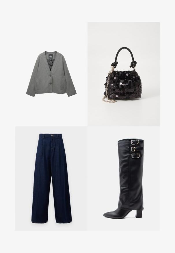 Harmaa bleiseri, valmistettu teksturoidusta kankaasta, jossa on V-pääntie, kaksi etupussia ja napitus. Vuorattu sisustus.; Harmahtava lyhythihainen cropped T-paita pyöreällä kauluksella ja pieni brändätty yksityiskohta alareunassa.; Tummansiniset farkut, joissa on leveät lahkeet ja korkea vyötärö, pleatattu etuosa sekä klassinen nappisulku. Niissä on sivutaskut ja kontrastiväriset tikkaus.; Mustat polvipituiset saappaat, jotka on valmistettu sileästä keinonahasta ja joissa on teräväkärkiset varpaat, sivussa kolme hopeista solkea ja jämäkkä korko.; Mustan paljetti-minilaukku, jossa on solmittu teksturoidu hihna ja hopeaketju. Pyöreä muoto, joissa on rypistetty yläosa ja heijastava yksityiskohta.