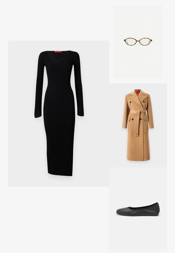 Palton din lână bej cu un talie legată, design cu două rânduri de nasturi și buzunare mari cu clapetă. La capitolul detalii, are un rever ascuțit și o textură netedă.; Rochie neagră, cu mânecă lungă și nervuri, cu decolteu în V, corset ajustat și tiv drept, confecționată dintr-un material elastic pentru o siluetă ajustată.; Balerini din piele neagră, cu vârf rotund, textură netedă, detalii de cusătură minimale și un design al tălpii flexibil.; Ochelari cu ramă din tartan, cu lentile ovale și un finisaj elegant, neted. Prezintă margini subțiri cu o curbură subtilă la tâmple. Lentile clare.