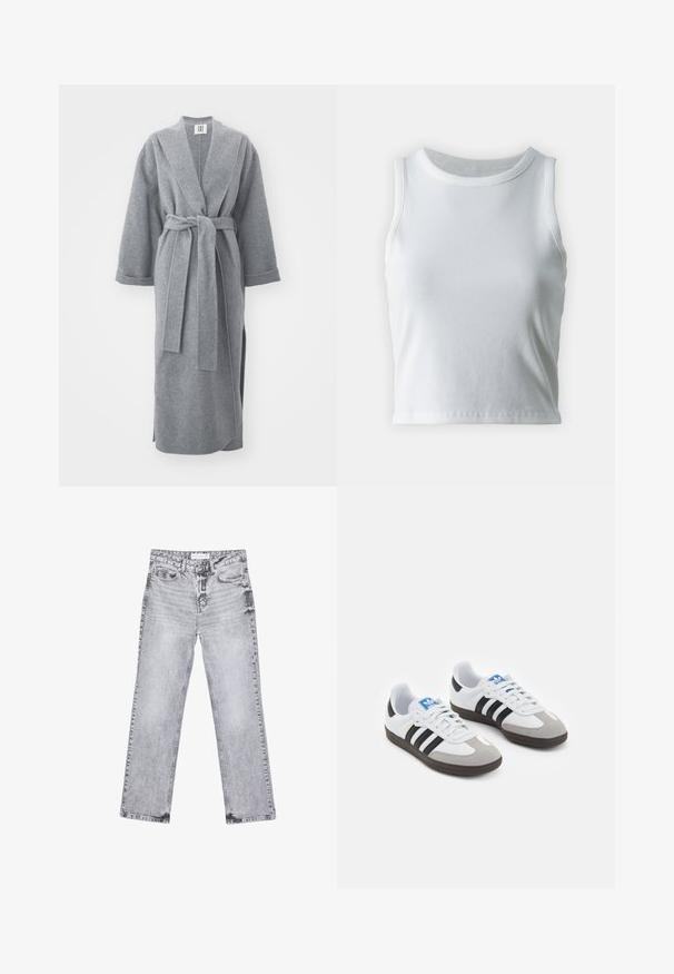 Lang grå uldbadekåbe med bred krave, bælte i taljen og mellemlange ærmer. Blød tekstur og afslappet pasform med sideslids.; Hvid ribbet tanktop med rund halsudskæring og ærmeløs design, med en lige kant og en glat, strækbar tekstur.; Grå denim jeans med lige ben, distressed detaljer, fem lommer og kobbernitter. Taljebåndet har et logomærke.; Sportsko med en overdel i hvid læder, grå ruskind på tåen og tre sorte striber. Har et blåt logo på tungen og en struktureret gummisål.