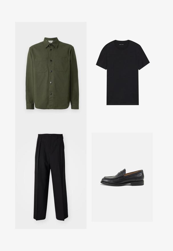 Mørkegrønn skjorte med knapper laget av mykt stoff, med krage, to brystlommer og svarte knapper langs frontplagget.; Svart bomulls t-skjorte med korte ermer og rund hals. Stoffet har en glatt tekstur og et enkelt, ensfarget design.; Sorte plissert bukser med en rett, bred benform. Laget av glatt stoff, med knappelukking og beltehemper.; Sorte lær loafers med en glat overflade, rund tå og dekorativ syning på forfoden. Lav stablet hæl og let glans.