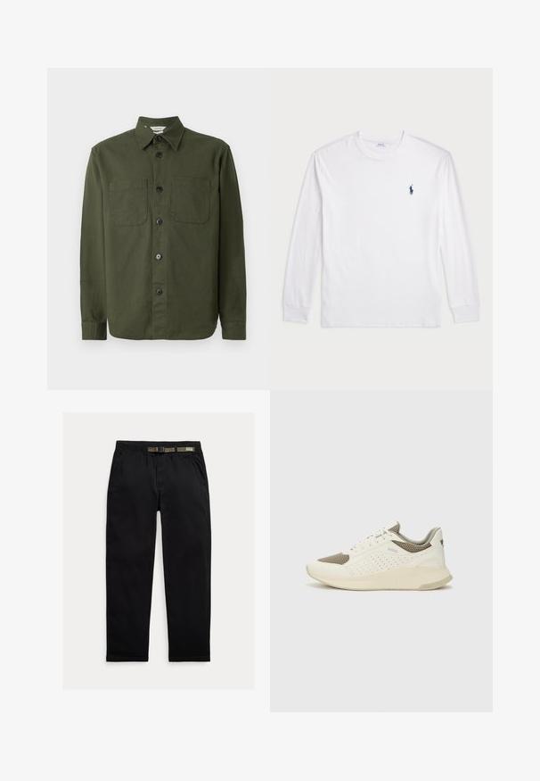 Mørkegrønn skjorte med knapper laget av mykt stoff, med krage, to brystlommer og svarte knapper langs frontplagget.; Hvit langermet T-skjorte laget av bomull. Har rund hals, ribbestrikkede mansjetter, og en liten marineblå polo-logo på venstre bryst.; Sorte bukser laget av lett stoff, med strikk i midjen og en integrert grønn belte, rett ben-kutt og sidelommer.; Hvit og lysebeige treningssko, med en mesh-overdel, perforerte detaljer og en teksturert mellomsåle med merkevare på hælen.
