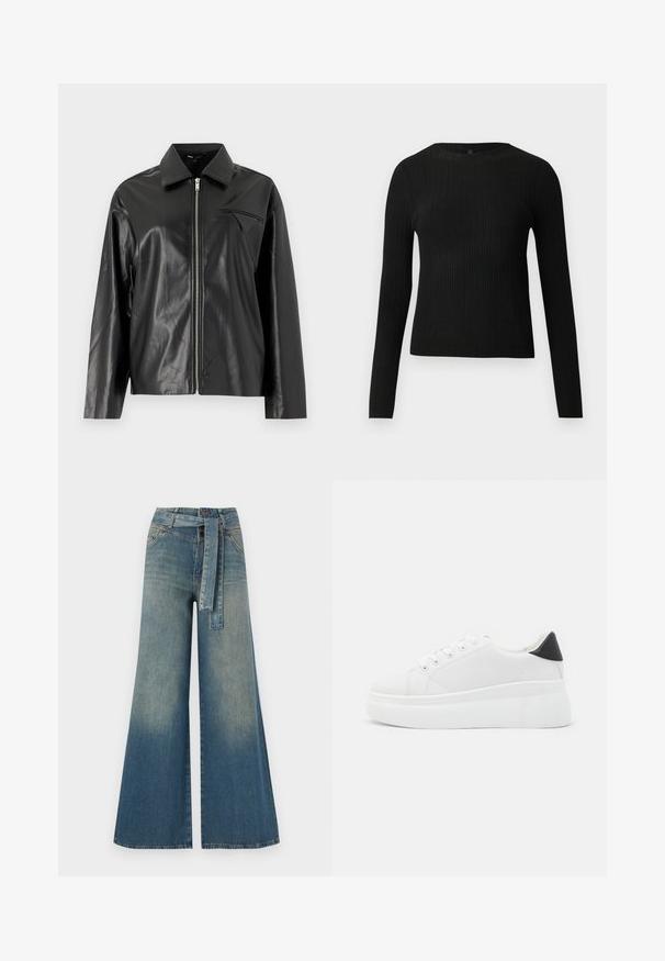 Fekete bőrdzseki sima textúrával, cipzáras elülső résszel és hegyes gallérral. Kicsi, díszítő jellegű, ferde zsebbel rendelkezik.; Fekete bordázott, hosszú ujjas, testhez simuló pulóver kerek nyakkivágással, világos, egyszínű háttér előtt kiemelve.; Bőszárú farmernadrág, világos és sötétkék árnyalatokkal, magas derekú, övgyűrűkkel és a nadrággal megegyező anyagú övvel. Textúrált farmer kivitel.; Fehér platform sportcipők sima szintetikus anyagból, lekerekített orral, fűzős kialakítással és texturált gumitalppal. Fekete sarokdísz.