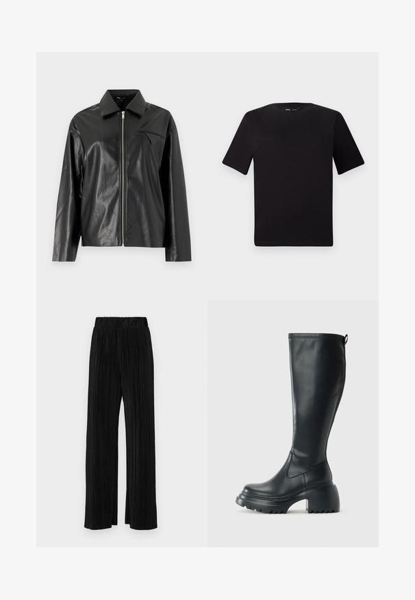 Zwarte leren jas met een gladde textuur, rits aan de voorkant en een puntige kraag. Bevat een kleine, decoratieve schuin afgewerkte zak.; Zwarte T-shirt met korte mouwen en een ronde hals, gemaakt van zachte katoenstof. Eenvoudig ontwerp, geen zichtbare logo's of patronen.; Zwarte geplooide broek met een elastische tailleband. Beschikt over wijde pijpen en een glad, gestructureerd stof met verticale strepen.; Hoge zwarte leren laars met een chunky plateauzool en blokhak, voorzien van een trekband en een gestructureerd profiel op de buitenzool.