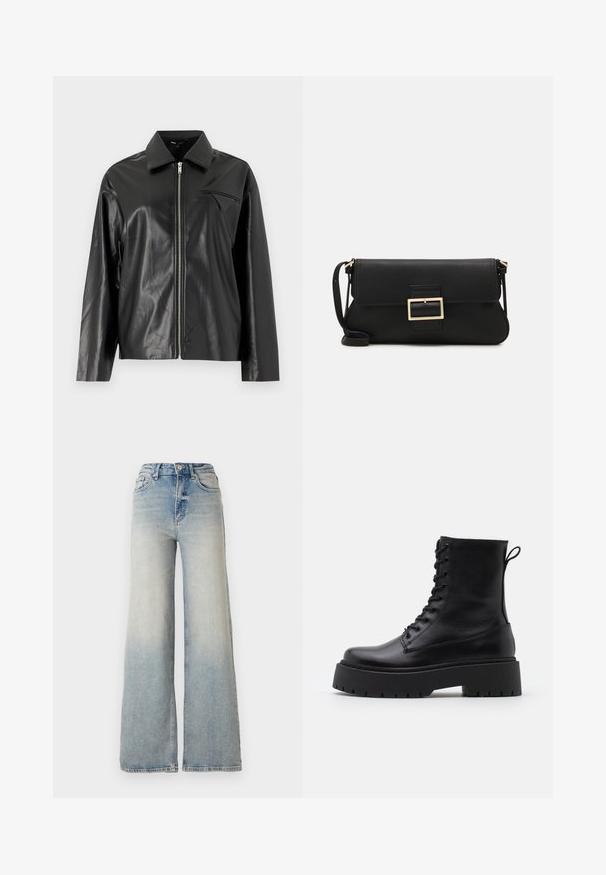 Veste en cuir noir avec une texture lisse, fermeture éclair à l'avant et col pointu. Comprend une petite poche décorative en biais.; Haut noir à manches longues en tissu lisse, avec un col rond et des détails froncés aux épaules et aux poignets.; Jeans large en denim bleu clair, à taille haute, avec cinq poches et couture visible le long des coutures.; Bottines en cuir noir avec un bout rond, un laçage à l'avant et une épaisse semelle en caoutchouc dotée d'un motif texturé. Tirer au dos.; Pochette en cuir noir avec un rabat et un détail en boucle en métal doré. Inclut une sangle noire et un design épuré et minimaliste.; Boucles d'oreilles en forme de créole dorées, fines et rondes, avec une finition métallique lisse et sans embellissements ni motifs.