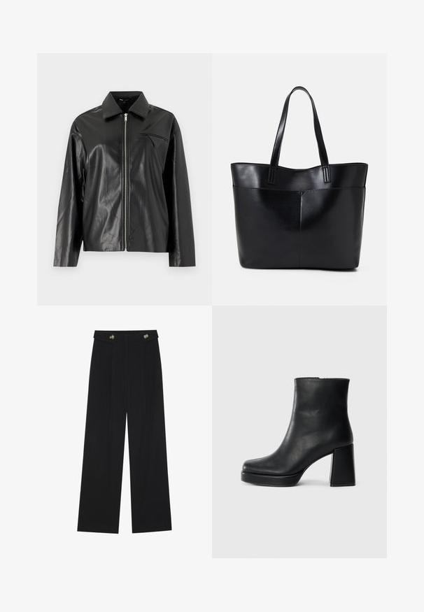 Sort læderjakke med en glat tekstur, lynlåslukning foran og en spids krave. Har en lille, dekorativ skrå lomme.; Sort langærmet top med flagrende manchetter, blød tekstur og en afslappet pasform, samt en enkel rund halsudskæring.; Sorte vide bukser med høj talje, knapdetaljer på taljebåndet og frontfald.; Sort læder ankelstøvle med blokhæl og platformssål, set fra siden på en ensfarvet hvid baggrund.; Sort læder tote taske med to lange håndtag, en glat tekstur og en struktureret form. Har en forlommem for ekstra opbevaring.