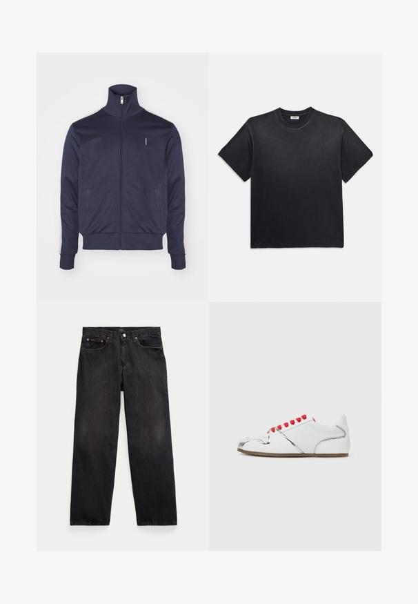 Marinfärgad zip-up jacka med hög krage, två sidofickor och kontrasterande ränder längs ärmarna. Tillverkad av mjukt, slätt tyg.; Svart bomullströja med rund halsringning och korta ärmar. Har en avslappnad passform, slät textur och minimalistisk design.; Svarta denimjeans med avslappnad passform, som har fem fickor, knäppning med knapp och subtila blekningar över hela tyget.; Vit sneaker med en glänsande spegelliknande tåskydd, röda snören och en slät ovandel med silverdetaljer och en strukturerad sula.
