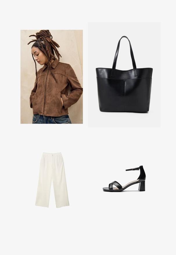 Mlad človek z dolgimi rjavimi dreadlocksi stoji ob svetli leseni steni, oblečen v rjav zamšast jakno in modre jeans hlače, roke v žepih, glava nagnjena navzdol.; Asimetrična bela majica iz gladkega blaga, ki ima en kratek rokav in en dizajn brez ramena, s čistim, minimalističnim videzom.; Hlače širokih nogavic iz kremaste tkanine z gladko teksturo, z enim sprednjim gumbom, diskretnimi plisami in visokim pasom.; Črne odprte sandale s peto, ki imajo križane naramnice, nastavljivo zapestnico in debelo peto, z gladko usnjeno teksturo.; Črna usnjena torba z dvema dolgima ročajema, gladko teksturo in strukturirano obliko. Ima sprednji žep za dodatno shranjevanje.