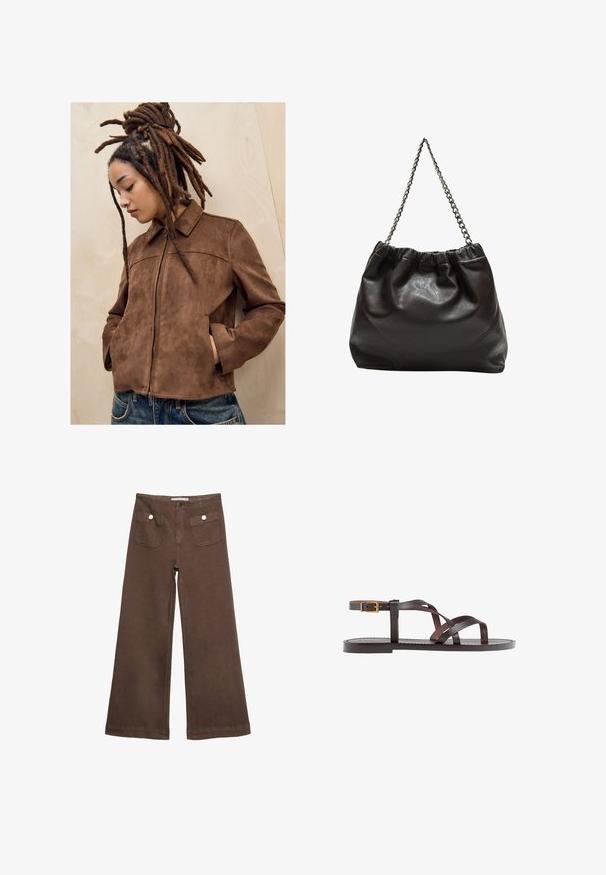 Mlad človek z dolgimi rjavimi dreadlocksi stoji ob svetli leseni steni, oblečen v rjav zamšast jakno in modre jeans hlače, roke v žepih, glava nagnjena navzdol.; Rjava kratka majica s kratkimi rokavi iz mehkega materiala, s krožnim izrezom in ohlapnim krojem. Brez vidnih vzorcev ali dodatkov.; Svetlo rjave široke hlače iz bombaža, ki vključujejo dva sprednja žepa s srebrnimi gumbi in gladko teksturo.; Rjav usnjen sandal z načinom prečnega črta, zaklepom okoli gležnja in ravnim podplatom z minimalnimi šivi.; Rjava usnjena torba z nabranim vrhom in verižnim trakom. Gladka tekstura z sijajno površino in subtilnimi šivi na straneh.