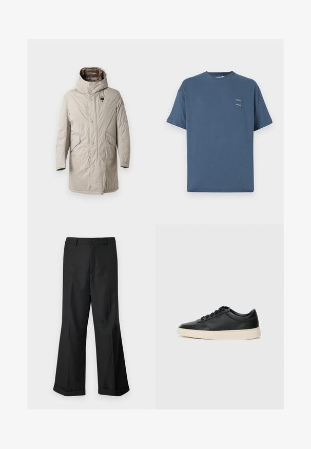 Parka lungă până la genunchi, de culoare bej deschis, cu glugă, nasturi tip snap și două buzunare laterale. Textură netedă, ușor crispată, cu un patch cu logo pe mânecă.; Tricou din bumbac albastru cu guler clasic de tip crew, mâneci scurte, croială lejeră și două mici logo-uri imprimate pe piept. Textură netedă.; Pantaloni negri cu picioare largi, cu talie cu nasturi și margini răsucite, expuși pe un fundal alb simplu.; Sneaker din piele neagră, cu vârf jos, cu șireturi negre și talpă de un alb murdar, prezentat în profil lateral, pe un fundal alb.