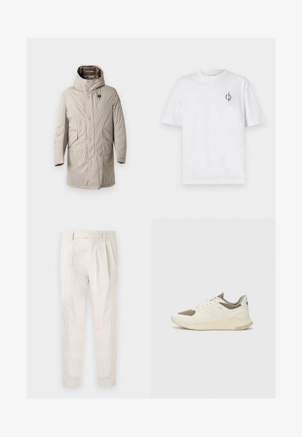 Svijetlosmeđi parka do koljena s kapuljačom, rajsferšlusom i dva bočna džepa. Glatka, blago naborana tekstura s logom na rukavu.; Bijela pamučna majica s opuštenim krojem, s malim crnim grafičkim logotipom na lijevoj prečki. Kratki rukavi, okrugli izrez.; Bijele, naborane hlače s krojem po mjeri, koje imaju glatku teksturu, petlje za pojas i sužene nogavice. Nema vidljivih džepova ili uzoraka.; Bijele i svijetlosmeđe sportske tenisice, sa mrežastim gornjim dijelom, perforiranim detaljima i teksturiranim međutrakom sa brendom na peti.