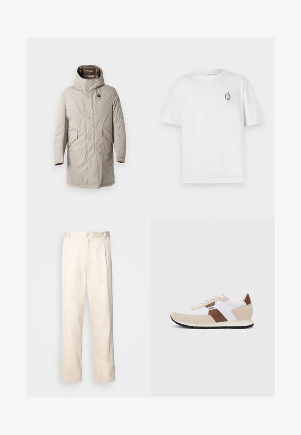 Heledbeez, põlve pikkune parkajakk kapuutsiga, nööbid ja kaks küljetaskut. Sile, veidi kortsus tekstuur ja logo silt varrukal.; Valge puuvillane t-särk lõdva sobivusega, millel on vasakul rinnal väike must graafiline logo. Lühikesed varrukad, ümmargune kaelus.; Beesidised puuvillased püksid sirge jala lõikega, mis on varustatud nööpkinnituse ja ees olevate voltidega, et lisada detaili.; Tennised, millel on segu valgest võrkkangast ja beežist seemisnahast, pruun nahkaktsent. Ümar varvas, lame kummitald ja sidumisdisain.