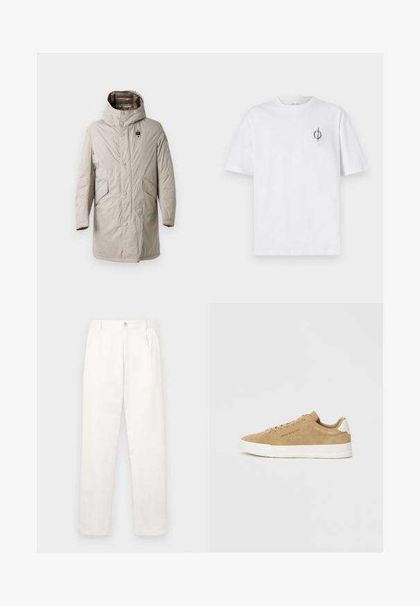 Parka de comprimento até ao joelho, bege claro, com capuz, botões de pressão e dois bolsos laterais. Textura suave e ligeiramente amassada com um emblema na manga.; Camisa de algodão branca com um corte relaxado, apresentando um pequeno logótipo gráfico preto na área do peito esquerdo. Mangas curtas, estilo de gola redonda.; Calças brancas feitas de um tecido suave, com um design de perna reta, pregas frontais e um fecho de botão único na cintura.; Sapatilhas de camurça bege com uma sola de borracha branca, bico arredondado, atacadores planos e um logótipo subtil de lado. Textura suave e design minimalista.