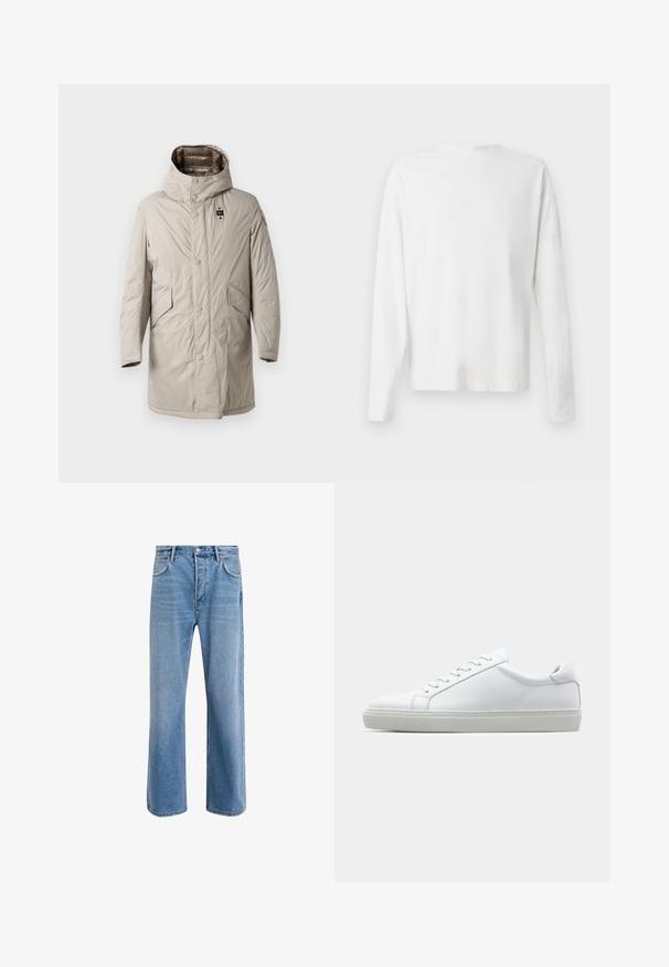 Lys beige, knelengde parka med hette, trykknapper og to sidelommer. Jevn, lett rynket tekstur med et logo-patch på ermet.; Langermet hvit bomullsskjorte med rund hals, sidespalter nederst og en jevn tekstur, vist fra baksiden.; Lys blå denimjeans med rett ben-design, fem lommer, knappeåpning, minimal falming og kontrasterende sømdetaljer.; Hvit sneakers med en glatt skinnoverdel og lav profil. Har en rund tå, seks snøring hull, og en teksturert gummisåle.