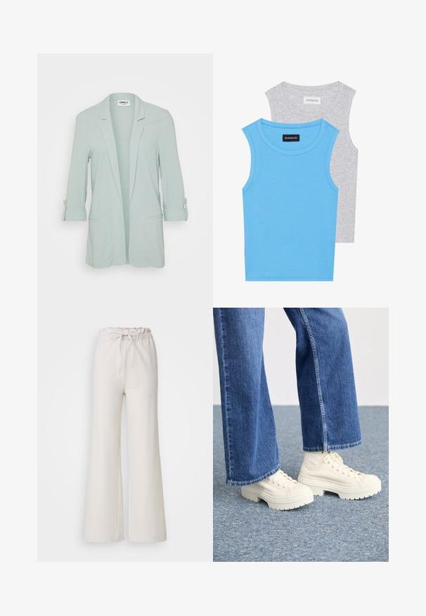 Lichtgroene blazer met een enkele knopen voorkant, lange mouwen opgerold met knoopsluitingen en twee voorzakken. Glad, geweven stof.; Twee mouwloze tops: één in lichtblauw, de andere in lichtgrijs. Beide hebben een geribbelde textuur en ronde halslijnen. Merkenlabel zichtbaar.; Lichtbeige wijde broek met een elastische tailleband en een verstelbare strik. Gemaakt van een gladde stof; heeft een eenvoudig, onversierd ontwerp.; Witte hoge sneakers met dikke, geribbelde zolen en ronde logo-detail, gedragen met lichtblauwe, wijde denim jeans.