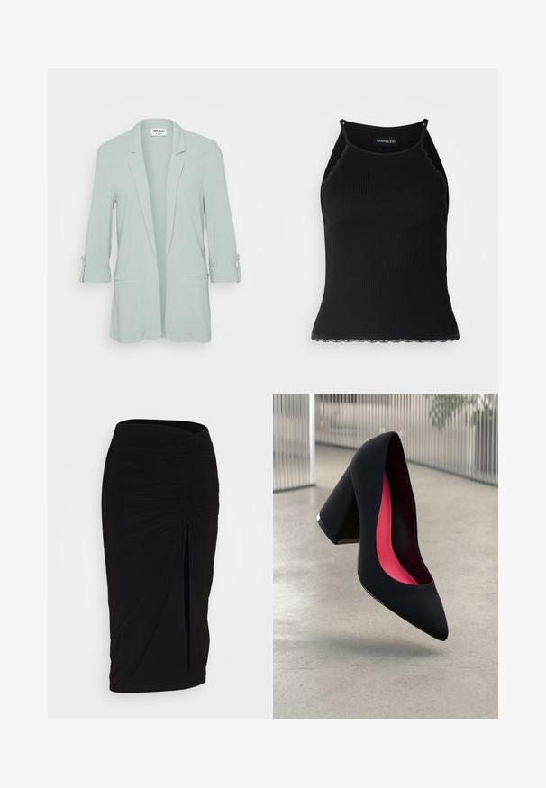 Lys grøn blazer med en enkelt knap fortil, lange ærmer rullet op med knapbindinger og to forlommer. Glat, vævet stof.; Sort ribbet tanktop med bølget blondekant forneden. Har tynde stropper og en tætsiddende pasform. Fremstillet af strækbart materiale.; Sort, rynket blyantskørt med bindebånd og en sidelæg. Fremstillet af et strækbart stof, der har en glat overflade og en tætsiddende pasform.; Sort højhælet sko med spids tå, struktureret overflade og et livligt pink interiør. Har en kraftig hæl med sølvdetaljer.