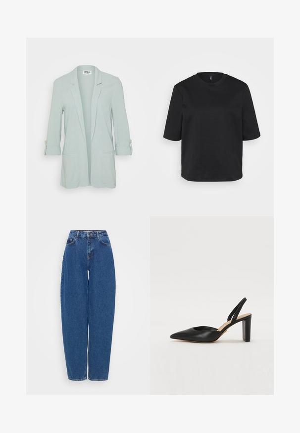 Hele rohelise bleiser, millel on ühe nupuga esikülg, pikkade varrukate üleskeeramine nööpidega ja kaks esikotti. Sile, kootud kangas.; Must t-särk, millel on ümmargune kaelus, valmistatud puuvillast, lühikeste varrukatega ja lõdva lõikega. Sile tekstuur, ilma nähtavate mustrite või aktsendita.; Sinine denimist teksad, millel on lahti lõige, kõrge vöökoht ja sirge jala disain. Omab traditsioonilist peenestust ja viit taskut.; Musthave musta nahast slingback kontsaga, millel on terav nina, avatud vamp ja plokk-konts. Sile tekstuur, minimaalsete aksessuaaridega ja klassikalised disainielemendid.