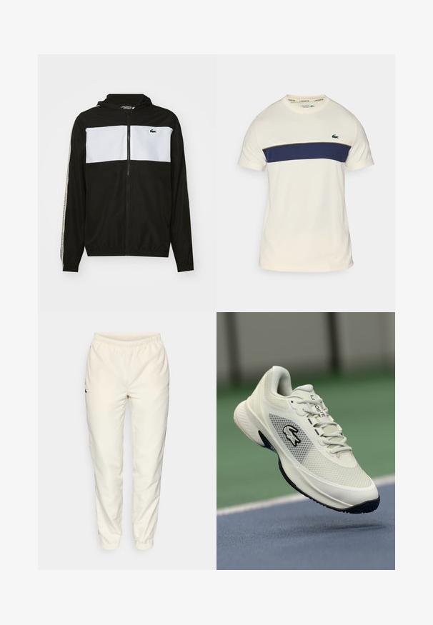 Jachetă cu fermoar, neagră și albă, cu glugă, având un panou alb orizontal, manșete elastice și logo-ul Lacoste pe pieptul stâng.; Tricou Lacoste crem și bleumarin cu guler rotund, mâneci scurte și un design cu blocuri de culoare orizontale. Prezintă un logo verde cu crocodil.; Pantaloni sportivi de culoare crem, cu talie elastică, picioare conice și un mic logo verde închis pe partea stângă. Material neted și ușor.; Sneaker athletic alb cu un superior din plasă, accente negre, talpă texturată și un logo proeminent pe lateral, afișat pe un fundal de teren.