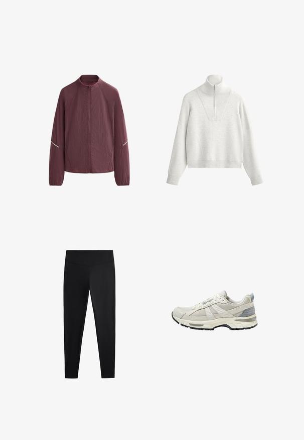 Bordowa, lekka kurtka z wysokim kołnierzem, pełnym zamkiem błyskawicznym, długimi rękawami oraz odblaskowymi akcentami na ramionach. Teksturowany materiał.; Jasnoszara bluza z wysokim kołnierzem, z pół-zamkiem błyskawicznym i prążkowaną fakturą. Prosty krój z opuszczonymi ramionami i strukturalnym designem.; Czarne legginsy wykonane z gładkiego, elastycznego materiału. Posiadają szeroki pas oraz zwężany krój nogawek, odpowiednie zarówno do aktywności fizycznej, jak i na co dzień.; Beżowy but sportowy z teksturowaną siateczkową cholewką i gładkimi akcentami. Posiada amortyzowaną podeszwę, wzmocniony nosek oraz czarną gumową podeszwę zewnętrzną.