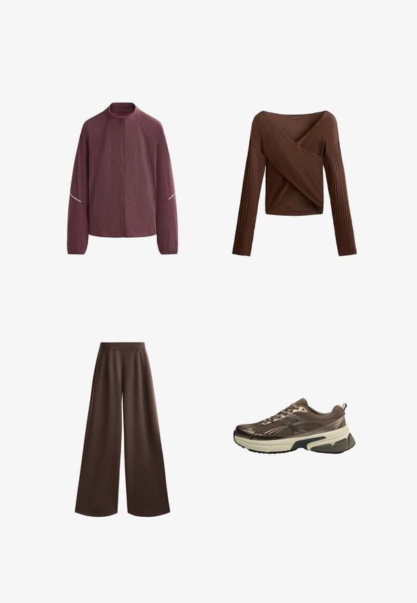 Giacca leggera color marsala con colletto alto, zip frontale completa, maniche lunghe e dettagli riflettenti sulle spalle. Tessuto texturizzato.; Top lungo marrone a coste con design incrociato a V, tessuto testurizzato e silhouette aderente. Presenta maniche lunghe e lunghezza cropped.; Pantaloni a gamba larga di un solido colore marrone scuro, con una texture liscia, vita alta e pieghe frontali per un tocco di design in più.; Scarpa sportiva marrone con parte superiore in rete, accenti metallici, spessa suola intermedia bianca e suola nera testurizzata. Presenta lacci e una linguetta.