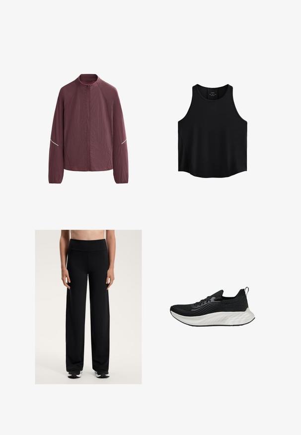 Bordowa, lekka kurtka z wysokim kołnierzem, pełnym zamkiem błyskawicznym, długimi rękawami oraz odblaskowymi akcentami na ramionach. Teksturowany materiał.; Czarny bezrękawnik z gładkiego materiału, z okrągłym dekoltem, prostym krojem oraz bocznymi panelami o subtelnej teksturze.; Czarne szerokie spodnie sportowe z wysokim stanem. Wykonane z gładkiego, elastycznego materiału, z luźnym krojem i subtelną teksturą.; Czarne sportowe buty z teksturowanym cholewką, białą amortyzowaną podeszwą i subtelnym brandingiem. Posiadają pętelkę i sznurowadła.