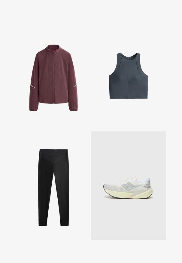 Giacca leggera color marsala con colletto alto, zip frontale completa, maniche lunghe e dettagli riflettenti sulle spalle. Tessuto texturizzato.; Cropped top grigio con texture a coste, design senza maniche e scollatura rotonda, con dettagli delle cuciture per una vestibilità strutturata.; Leggings sportivi neri con una texture liscia, dotati di un ampio elastico in vita e un motivo testurizzato diagonale vicino alla vita per un ulteriore dettaglio di design.; Scarpa da corsa leggera con una tomaia in mesh grigia e bianca, un prominente logo 'N' e un'intersuola gialla con accenti angolati. Suola nera.