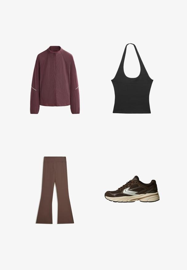 Bordeaux lättviktjacka med hög krage, fullständig dragkedja fram, långa ärmar och reflektorer på axlarna. Strukturerad tyg.; Svart ärmlös topp med rundad halsringning, tillverkad av mjukt tyg. Har en åtsittande form och rena kanter. Inga ytterligare mönster eller detaljer.; Bruna högmidjade byxor med en figurnära överdel och utsvängd nederdel, visade mot en enkel vit bakgrund.; Brun atletisk sko med meshpaneler, en vit accentdesign, en dämpad gummisula och en strukturerad textilovandel för andningsförmåga.