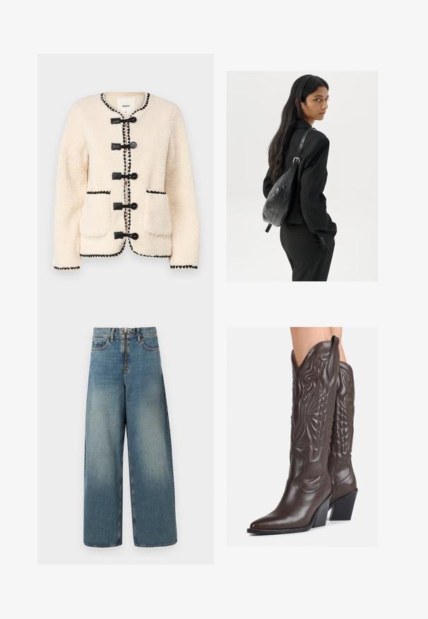 Object OBJPAULINE JACKET - Fleece jacket - white sand; White sleeveless tank top made of ribbed fabric, featuring a rounded neckline and a fitted silhouette, with minimal seams and no embellishments.; Wide-leg denim jeans in a light blue wash. Features a zip fly with a button closure, and subtle fading for a worn look.; Brown leather cowboy boots with pointed toe and block heel, featuring detailed stitching and raised accents on the shaft.; Woman with long dark hair wearing a black suit, carrying a black leather shoulder bag, looking over her shoulder against a white background.