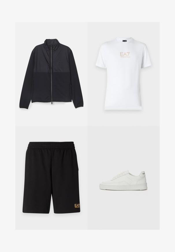Black jacket with a high collar, front zipper, and long sleeves. Features a smooth texture and a contrasting matte finish section.; White cotton t-shirt featuring a round neckline and short sleeves, with a gold EA7 Emporio Armani logo printed on the front.; Black athletic shorts made of soft fabric,Featuring an elastic waistband and a small yellow EA7 logo on the lower left leg.; White leather sneaker with a smooth finish, round toe, flat laces, and a textured sole. Features a subtle logo on the heel.