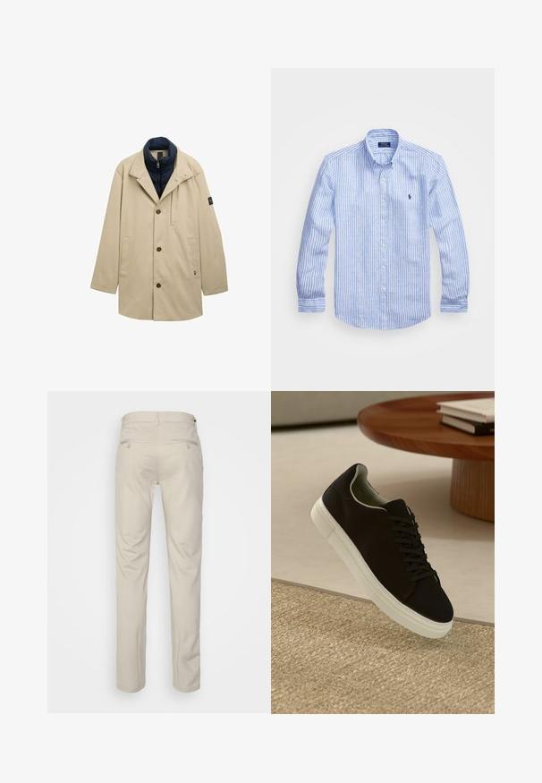 Beżowy płaszcz z niebieską podszewką kołnierza, z jednorzędowym zapięciem na guziki, kieszeniami po bokach i czarnym akcentem na rękawie.; Niebiesko-biała, w paski, koszula z długim rękawem, wykonana z bawełny, z kołnierzykiem zapinanym na guziki, guzikami z przodu oraz małym haftowanym logo na klatce piersiowej.; Beżowe spodnie o gładkiej fakturze, prostym kroju, z dwiema tylnymi kieszeniami z guzikami i standardowym pasem.; Czarny sneaker z białą podeszwą unoszący się nad beżowym, teksturowanym dywanem w pobliżu okrągłego drewnianego stołu z poukładanymi książkami.