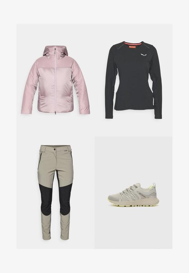 Padded Kapuzenjacke in Hellrosa mit glänzender Oberfläche, ausgestattet mit einem Reißverschluss vorne, elastischen Bündchen und einer angenehmen Textur.; Salewa PEDROC DRY TEE W. - Langarmshirt - black out; Leichte, atmungsaktive Hosen in Beige und Schwarz mit einer figurbetonten Passform, seitlichen Reißverschlüssen und kontrastierenden Paneelakzenten an den Knien.; Columbia PEAKFREAK - Hikingschuh - dove/citron haze
