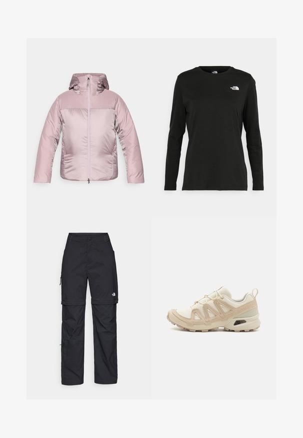 Jachetă cu glugă căptușită de culoare roz deschis, cu un finisaj lucios, având fermoar în față, mansete elastice și o textură netedă.; Iarna neagră cu mânecă lungă, din bumbac, cu guler rotund. Prezintă un mic logo alb în zona pieptului stâng. Design simplu și croi lejer.; Pantaloni cargo din nylon negru, cu fermoar detașabil, manșete ajustabile, multiple buzunare și un logo pe piciorul drept. Textură netedă și ușoară.; Pantofii sport bej și crem au un superior din plasă texturată, suprapuneri de susținere și o talpă din cauciuc cu un model de profil pentru aderență.
