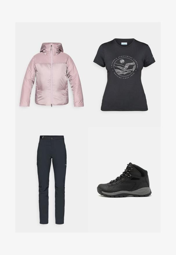 Pehme vatiiniga kapuutsiga jakk heleses roosas värvitoonis läikiva viimistlusega, millel on tõmblukuga esikülg, elastsed varrukad ja sile tekstuur.; Musternine Columbia T-särk mustas värvuses, millel on valge ümmargune mägi ja jõe joonistus ning tekst "Columbia Sportswear Company Outside Since 1938."; Meeste välkpüksid, tumehallid, valmistatud paindlikest materjalidest, vöökohaga, tõmblukuga taskud ja tugevdatud õmblused.; Mustarjaline matkasaabas, millel on keskmine disain, tekstuuriga ülemine osa, hallid aktsendid ja vastupidav kummist põhi, millel on haardelugesid.