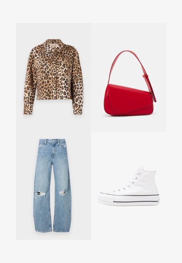 Giacca in pelliccia sintetica con stampa leopardata, caratterizzata da un colletto, chiusura con bottoni, due taschini sul petto e maniche lunghe con polsini.; T-shirt nera oversize con una grafica di un orso e la scritta "NON CARINA MA SELVAGGIA" in grassetto, lettere bianche. Materiale in cotone.; Jeans azzurri chiari a vita alta realizzati in denim. Presentano gambe larghe, due aree strappate sulle ginocchia e il classico styling a cinque tasche.; Sneaker alta in tela bianca con suola in gomma nera, punta in gomma frontale e sei asole per i lacci, caratterizzata da un design pulito e minimalista.; Borsa a tracolla in pelle rossa con un design angolare e geometrico. Presenta una singola tracolla regolabile e una chiusura a patta con dettagli cuciti.