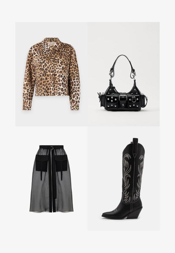 Leopardimustriga faux fur jakk, millel on krae, nööpidega esiosa, kaks rinna taskut ja pikad varrukad mansettidega.; Must musta varrukatega crop top, millel on kõrge kaelus, läbipaistev võrkpaneel vöökoha juures ja struktureeritud õmblused kokkuhoidliku disaini jaoks.; Must mustriga seelik, millel on kogutud vöökoht, kaks suurt esitaskut, vöötie ja ringikujuline metallaktsent.; Mustad mustad nahast cowboy saapad terava ninaga, vööndkanna ja hõbedaste tikanditega lillemustritega varred. Kontrastõmblused üle kogu.; Must värvi nahast käekott, millel on kaarjas disain, hõbedased nupukesed, kinnitusahe ja kaks külgtaskut. Reguleeritav rihm erinevate kandmisvõimaluste jaoks.