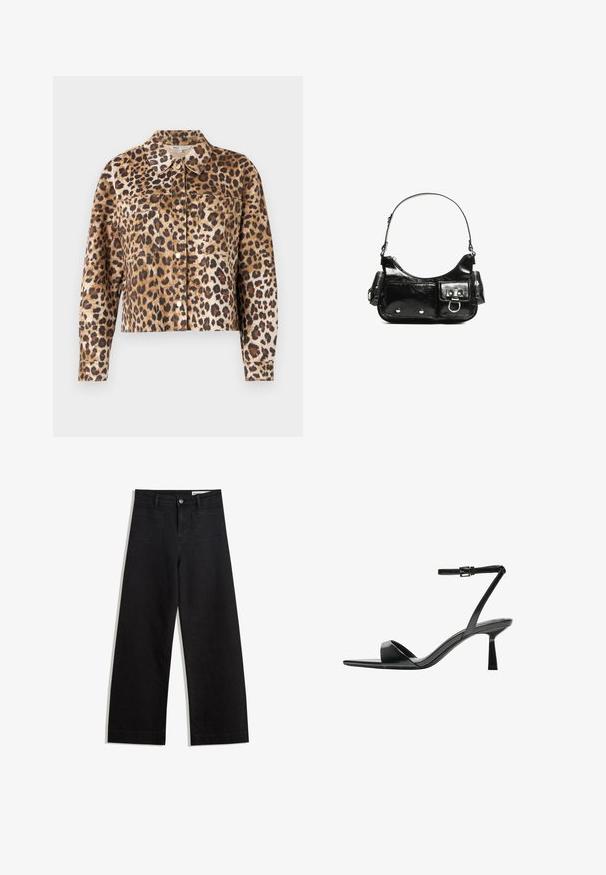 Kurtka w panterkę z faux fur, z kołnierzykiem, zapięciem na guziki, dwoma kieszeniami na piersiach oraz długimi rękawami z mankietami.; Biała koszulka z długim rękawem wykonana z prążkowanej tkaniny, z okrągłym dekoltem i prostym wykończeniem. Prosty, jednolity wzór.; Czarne dżinsowe spodnie o szerokich nogawkach i wysokim stanie, z przednimi i tylnymi kieszeniami, przeszyciami oraz zapięciem na guziki. Gładka struktura.; Bershka - Sandały na obcasie; Czarna torebka z lakierowanej skóry o zaokrąglonym kształcie, z jednym paskiem na ramię, przednimi kieszeniami i akcentami w kolorze srebrnym.