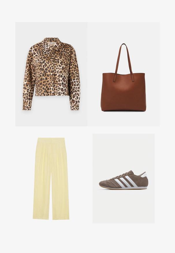 Lederjacke mit Leopardenmuster aus Kunstfell, mit einem Kragen, Knopfverschluss, zwei Brusttaschen und langen Ärmeln mit Manschetten.; Weißes T-Shirt aus weichem, leichtem Stoff. Mit runder Halslinie und kurzen, weit geschnittenen Ärmeln für einen lässigen Sitz. Keine sichtbaren Muster.; Helle gelbe weite Hose aus strukturiertem Stoff, mit einem plissierten Vorderteil und einem hohen elastischen Bund.; Braune Wildleder-Sportschuhe mit weißen Streifen, runder Zehenform, Schnürdesign und Gummisohle. Strukturiertes Obermaterial mit Nahtdetails.; Braune Leder-Tote mit glatter Textur, offenem Oberteil und zwei Schulterriemen. Verfügt über minimale Nähte und keine sichtbaren Beschläge.