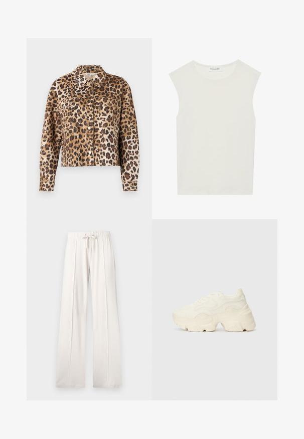 Leopard-print jacket in faux fur, featuring a collared neckline, button front, two chest pockets, and long sleeves with cuffs.; White sleeveless top with a round neckline. Made of smooth fabric, it features a relaxed fit and minimalist design. No patterns or accents.; Light beige sweatpants made of soft fabric, featuring a drawstring waist, wide legs, and vertical seams, with a smooth texture.; Chunky white sneakers made of textured mesh and synthetic materials, featuring a thick sole and intricate pattern details along the sides.
