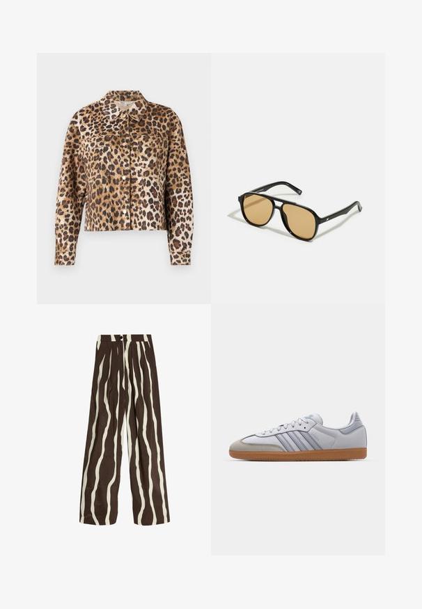 Jakkefrakke i leopardprint i imitationspels, med krave, knaplukning, to brystlommer og lange ærmer med manchetter.; Hvid ribbet tanktop med et sort broderet logo centreret på brystet. Udhulningen og ærmegabene er afsluttet med en subtil kant.; Højtaljede bukser med vide ben, vertikale bølgede striber i hvid og mørkebrun, frontknap, lynlås og sidelommer.; Hvide lædersneakers med lyseblå accenter, grå ruskindsnæse og en brun gummisål. Har tre blå striber og "Samba" branding.; Sorte solbriller med brune tonede linser; rektangulær form med en tyk ramme, herunder diskrete hardwaredetaljer på stængerne.; Brun lædertaske med to robuste håndtag, rektangulær form, glat tekstur og lynlås lukning. Minimalistisk design uden synlige mønstre.
