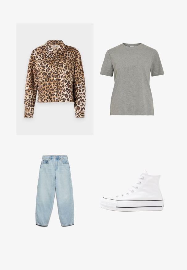 Leopard-print jacket in faux fur, featuring a collared neckline, button front, two chest pockets, and long sleeves with cuffs.; Grey cotton T-shirt featuring a classic crew neck, short sleeves, and a smooth texture, suitable for casual wear.; Light blue denim jeans featuring a relaxed fit, high waist, and wide legs with a slightly faded texture and classic five-pocket design.; White high-top canvas sneaker with black rubber sole, front rubber toe cap, and six eyelets for laces, featuring a clean, minimalist design.