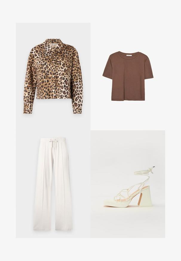 Kurtka w panterkę z faux fur, z kołnierzykiem, zapięciem na guziki, dwoma kieszeniami na piersiach oraz długimi rękawami z mankietami.; Brązowa koszulka z krótkim rękawem, wykonana z miękkiego materiału, z okrągłym dekoltem i luźnym krojem. Brak widocznych wzorów lub akcentów.; Jasno beżowe dresy wykonane z miękkiego materiału, z elastycznym paskiem w pasie, szerokimi nogawkami i pionowymi szwami, o gładkiej teksturze.; Biała sandał na wysokim obcasie z masywnym słupkiem, z paskowym wzorem i wiązaniem przy kostce. Gładka faktura z platformą z przodu dla dodatkowej wysokości.